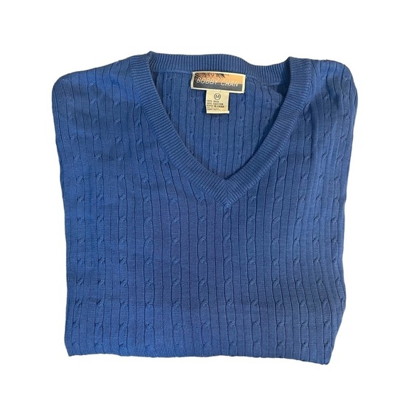 Bobby Chan Blue V-Neck Silk Long Sleeve Knit Cable Pullover Sweater Size Medium - Picture 1 of 9